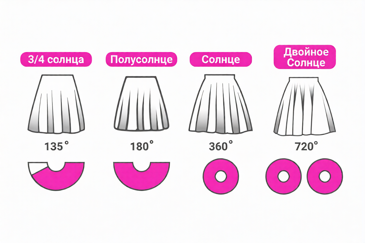 Схема разновидностей конических юбок: 3/4 солнца (135°), полусолнце (180°), солнце (360°) и двойное солнце (720°) с выкройками